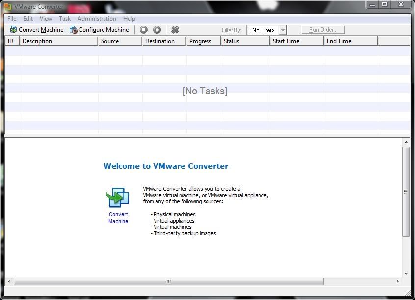 Install and run the VMware Converter 3.0.3 in Windows Vista. Click Convert Machine.