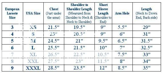 Lacoste Polo Shirt Size Chart