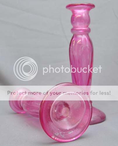 Pair (2) Vintage Pink/Fuchsia Depression Glass Tall Candlestick Hollow 