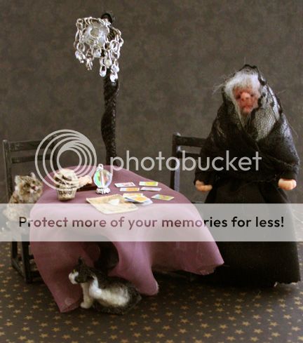 OOAK Old Lady Fortune Teller Witch Cats Hand Sculpted Art Doll Miniature Set
